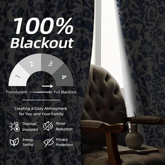 DriftAway Julia 100% Blackout Curtains Back Tab 2 Panels, W52xL84, Navy | Floral Curtains, Bedroom, Living Room, Linen Blend, Watercolor Pattern, 2 Layers, Thermal Insulated, Window Treatment