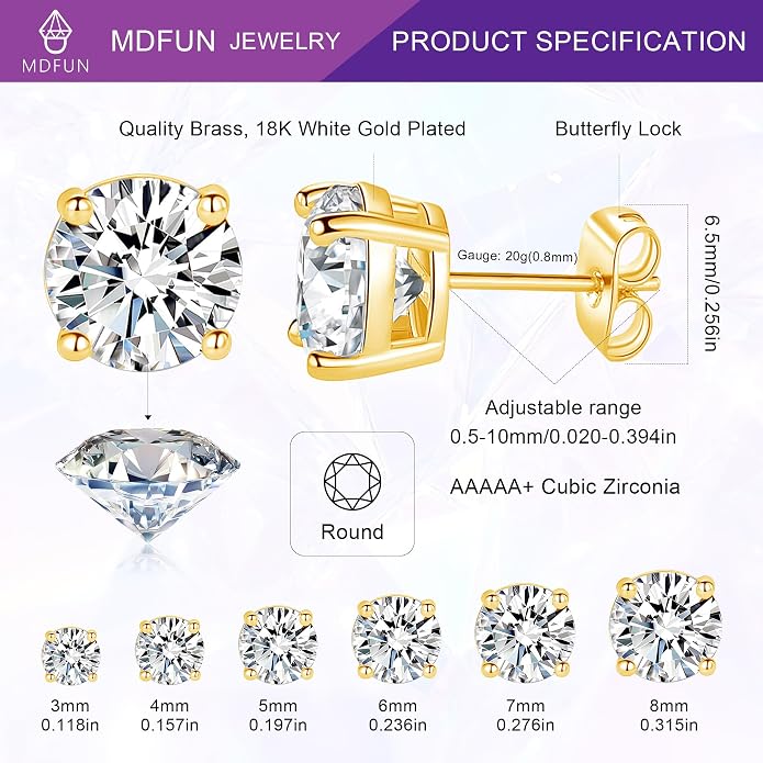 6 Pairs 14K Yellow Gold Plated Round Cut Clear Cubic Zirconia Stud Earring Pack