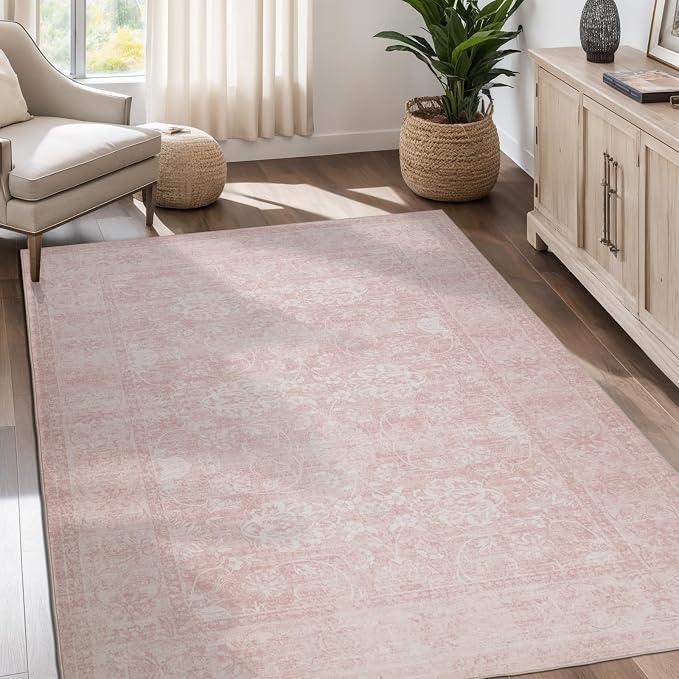 5x7 Vintage Washable Area Rug, Pink | Living Room, Non Slip Boho Carpet, Non-Shedding Kids Rug, Soft Indoor Stain Resistant, Floral Print