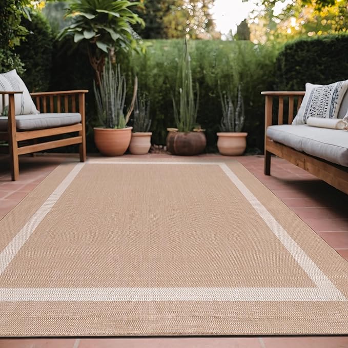 Luul Home Bordered Outdoor Rug 10x14 Washable Outside Carpet for Indoor Patio Porch Waterproof Easy Cleaning Non Shedding Area Rugs Beige 10 x 14