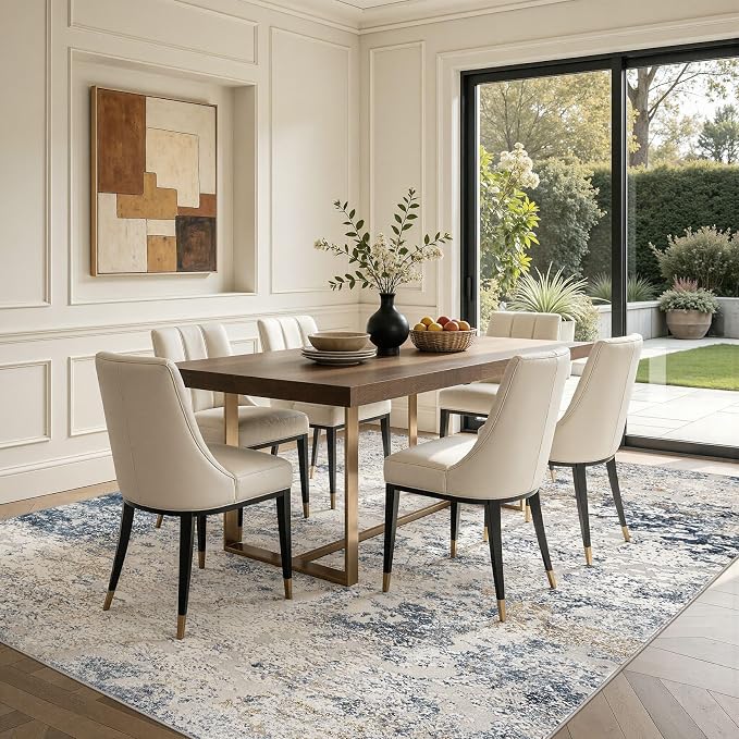DMOYEST Area Rug Living Room Rugs - 8x10 Abstract Large Soft Indoor Washable Rug Neutral Modern Low Pile Carpet for Bedroom Dining Room Farmhouse Home Office - Beige Blue