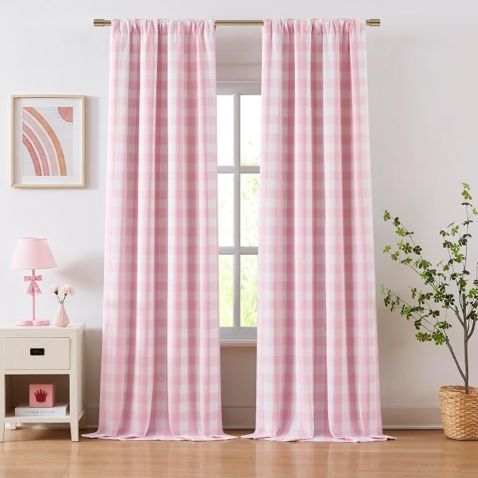 Pink White Buffalo Plaid Full Blackout Curtains 84 Inches Long | Girls Room Thermal Insulated Drapes for Bedroom Living Room,Modern Window Treatment,Rod Pocket Back Tabs,Pack of 2
