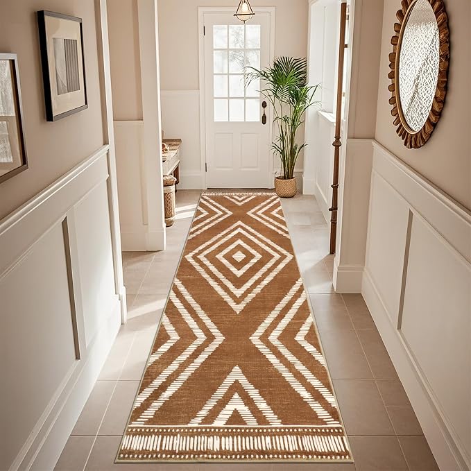 Boho Runner Rugs for Hallway 2.6x8Ft Non Slip, Brown Washable Kitchen Rug with Rubber Backing, Soft Moroccan Farmhouse Entryway Runner, Low Pile Geometric Floor Carpet for Bedroom Home Decor
