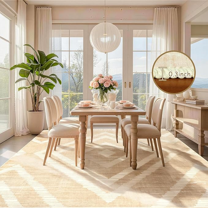 Boho Washable Area Rugs 6x9ft for Living Room, Beige Cream Thin Bedroom Rugs Non Slip, Modern Trellis Soft Kids Nusery Floor Carpets for Dining Room Playroom Home Office Decor