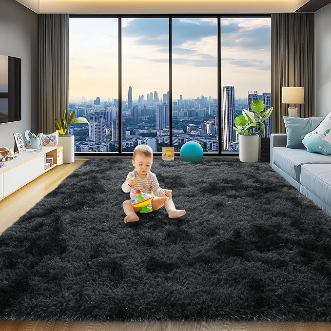 qulint 8x10 Rug for Living Room, Large Fluffy Rug for Bedroom, Black/Grey | Shag Shaggy Tie-dyed Black Gray Carpet, Plush Fuzzy Modern Rug for Dorm Kid Room Classroom Home Decor