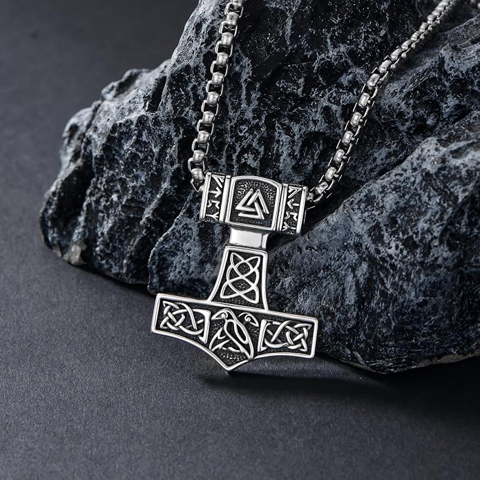 Viking Thor's Hammer Necklace 925 Sterling Silver Norse Mjolnir Amulet Pendant Jewelry for Men Women with 22''+2'' Stainless Steel Chain