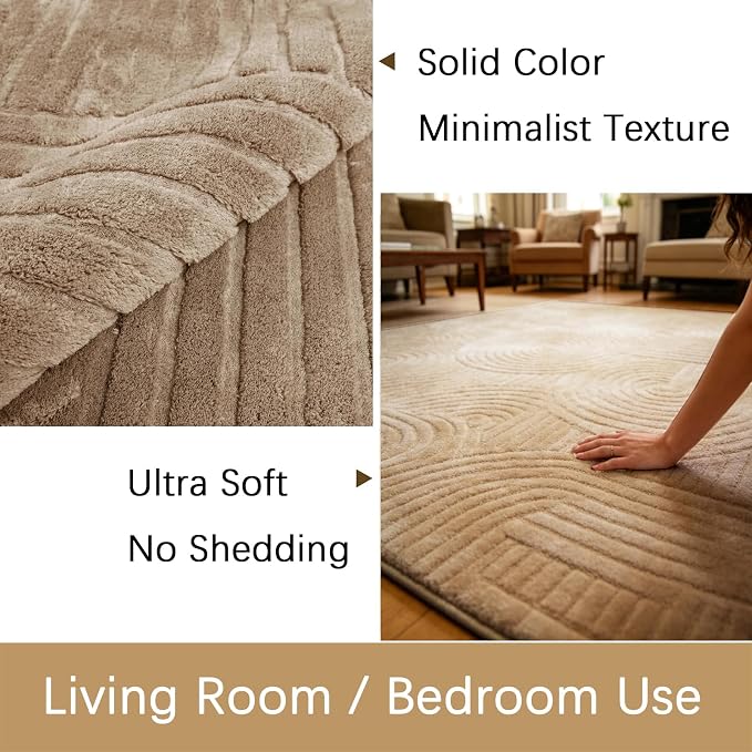 8x10 Large Solid Color Area Rug, Washable Living Room Rug, Ultra Soft High-Low Rugs for Bedroom, Non-Slip Geometric Textured Indoor Carpet for Nursery, Kids Room, Apartment, Home Office, Brown