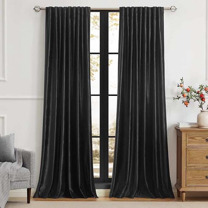 100% Blackout Black Velvet Curtains 63 inches for Living Room,2 Panels Rod Pocket Back Tab Thermal Insulated Room Darkening Curtain with Liner Heavy Noice Reducing Soundproof Window Drapes for Bedroom
