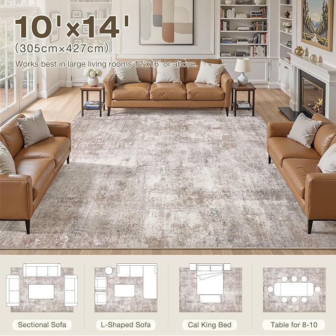 10x14 Area Rugs for Living Room, 10x14 Rug Washable High-Low Pile | Neutral Modern Abstract Carpet, Non Slip Lightweight Soft Made for Dining Room, Home Office Indoor Decor - Brown