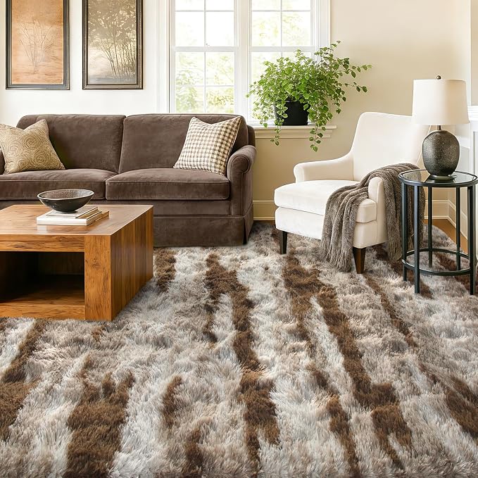 9x12 Extra Large Area Rugs for Living Room, Shaggy Non-Slip Tie-Dyed Rugs for Bedroom Kids Playroom Dorm Room, High Pile Ultra Soft Carpet, Khaki