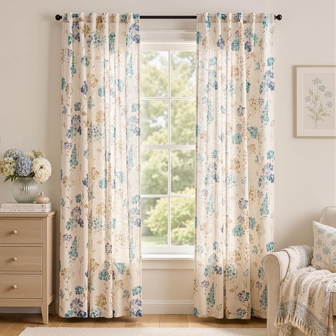 jinchan Floral Linen Curtains 84 Inch Vintage Cottagecore Back Tab 2 Panels | Light filtering drapes, semi sheer, farmhouse, botanical, watercolor, living room, bedroom, rod pocket, window treatment
