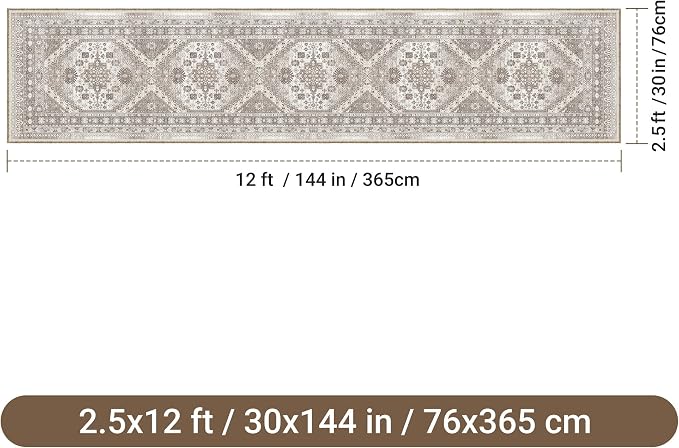 2'6" x 12'Non Slip Runner Rugs - Runners for hallways, Kitchen,Entryway,Stain Resistant Washable Rugs for Bedroom, Indoor Vintage Area Rugs (Brown/Beige,2'6" x 12')