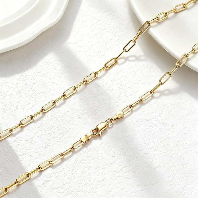 NOKMIT 14K Gold Filled Paperclip Necklace for Women Men, 3mm/4mm/5mm Rectangular Paper Clip Link Chain, 16-24 Inches, Hypoallergenic, Non-Tarnish, Dainty Unisex Jewelry, Cadenas de Oro 14K para Mujer