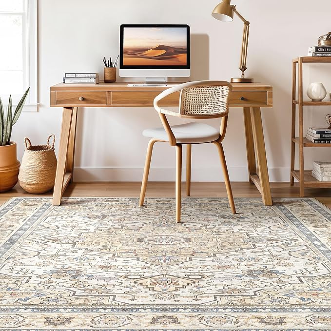 9x12 Area Rug Living Room: Washable Boho Large Neutral Vintage Soft Rug Stain Resistant Farmhouse Non-Slip Indoor Floor Carpet for Bedroom Nursery Kids Playroom Office Dining Room- Sand Blue