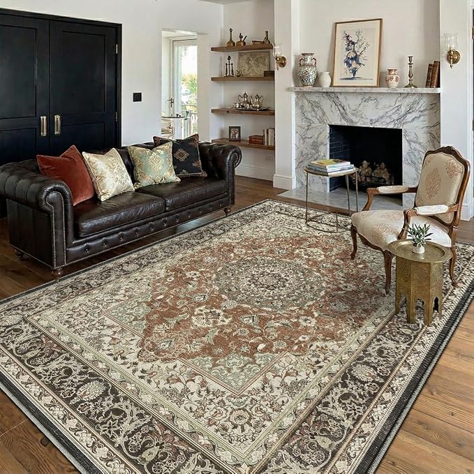 3x5 Area Rug for Living Room-Vintage Farmhouse Boho Floral Neutral Washable Stain Resistant Indoor Carpet for Bedroom Office and Home Decor(Brick&Brown)