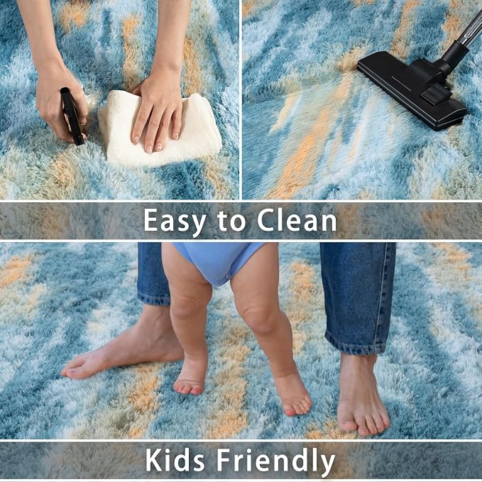 Dssimo Blue and Yellow Rugs for Living Room Bedroom, 5x7 Shaggy Area Rug | Large Plush Furry Upgrade Non-Slip Abstract Rug for Nursery Kids Room Dorm Room Home Decor, Modern Indoor Floor Carpet
