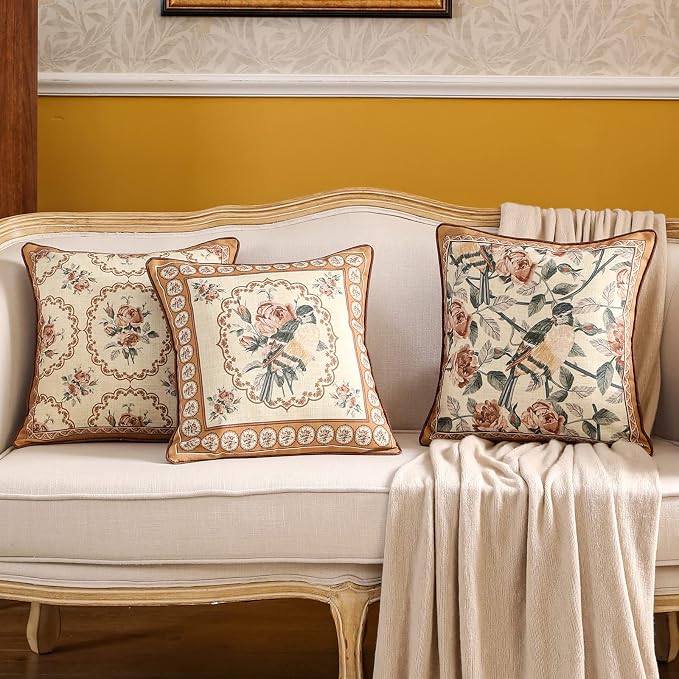 patdrea French Vintage Linen Throw Pillow Cover,Set of 4-ParkerEstate | Decorative Pillow Case with Zipper,Bird and Floral Pattern,Cushion Coverfor Couch Living Room Bedroom Sofa