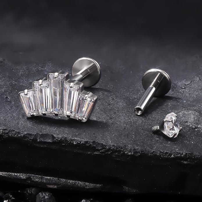 Ruifan Titanium Flat Back Lip Rings Internally Threaded Earrings Studs Nose Rings 16G Opal CZ Tragus Cartilage Lobe Rook Helix Conch Labret Medusa Piercing Jewelry for Women Men W Piercing Taper Set