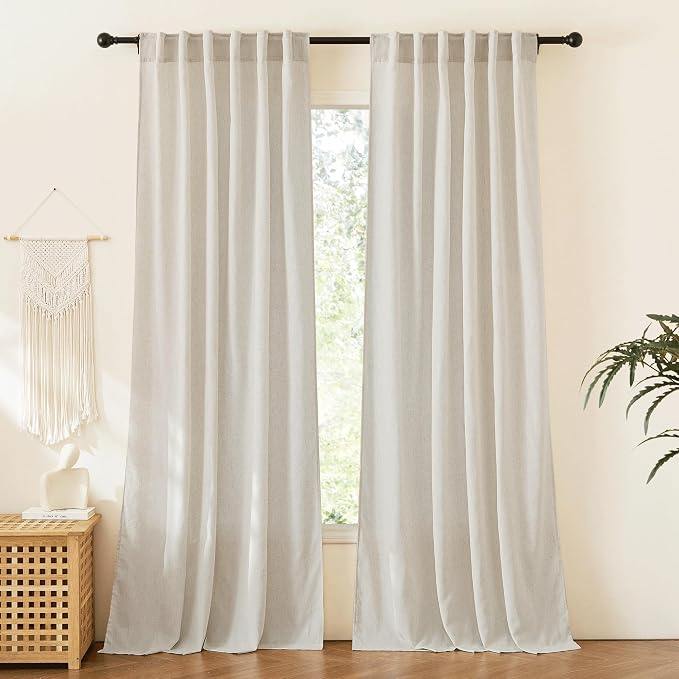 RYB HOME Linen Curtains 90 inches Long for Living Room, Back Tab Light Filtering Farmhouse Boho Window Drapes & Curtains for Dining Room Office, Natural Beige, W 52 x L90 inches, 2 Panels