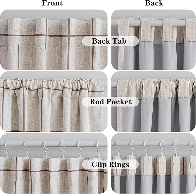 MYSKY HOME 100% Blackout Plaid Linen Curtains 108 Inches Long Double Layer Farmhouse Thermal Insulated Checkered Patterned Drapes Rod Pocket Back Tab for Living Room, 2 Pcs, 52" Wide, Brown