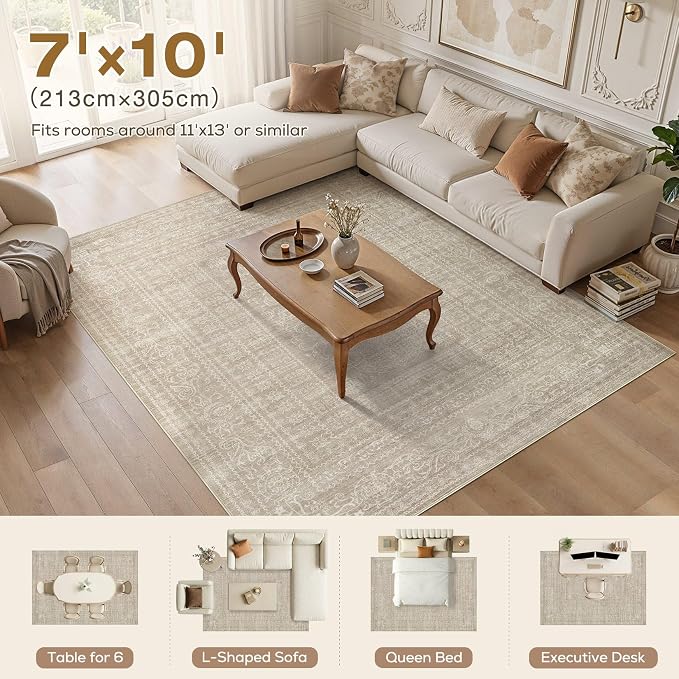Nakagishi 7x10 Area Rugs Living Room: Washable Large Vintage Rug Neutral Non-Slip Soft Stain Resistant Indoor Carpet for Bedroom Nursery Dining Room Office Playroom - Brown