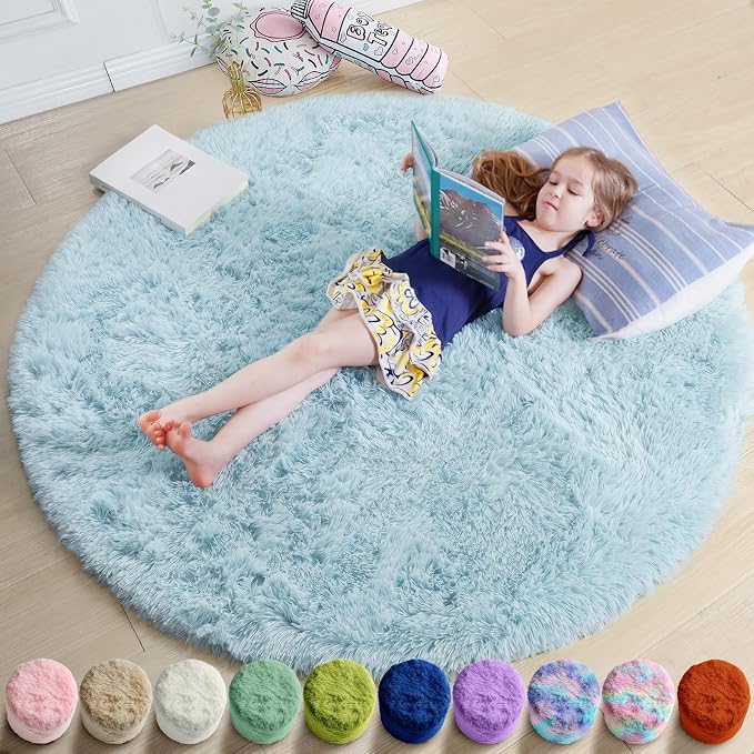 Amdrebio Light Blue Round Circle Area Rug 6Ft for Kids Bedroom, Large Soft Fluffy Kawaii Cute Rugs for Teen Girls Boys, Plush Shaggy Fuzzy Sky Baby Blue Carpet for Nursery Classroom Dorm Playroom