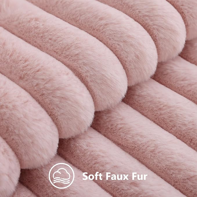 decorUhome Fall Faux Fur Throw Pillow Covers 24x24 Set of 2 Pink | Decorative Soft Cozy Striped Plush Modern Farmhouse Boho Couch Pillow Cases Velvet Back for Sofa Bed Living Room Home Decor