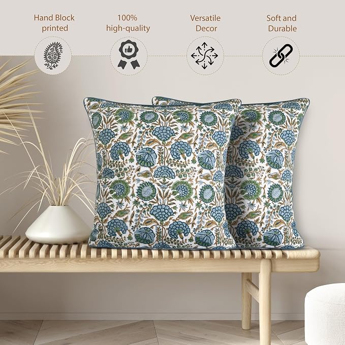 Ridhi Block Print Asparagus Green Pillow Cover 18" x 18" (Pack of 2) Decorative Couch Pillows for Living Room, Farmhouse Chic Boho Cute Outdoor Pillows Covers Gifts for Spring, Mother's Day