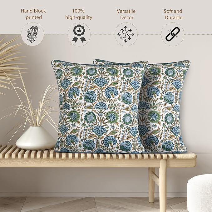 Ridhi Block Print Asparagus Green Pillow Cover 16" x 16" (Pack of 2) Decorative Couch Pillows for Living Room, Farmhouse Chic Boho Cute Outdoor Pillows Covers Gifts for Spring, Mother's Day