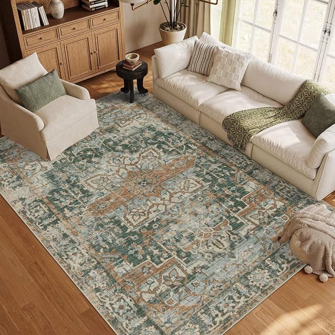 Rugxara Area Rugs 5x7 Washable Rug for Living Room Bedroom, Green/Brown | Non Slip, Rug for Dining Room Office Farmhouse, Stain Resistant, Soft, Vintage Boho Retro Carpet, Low Pile, Home Decor