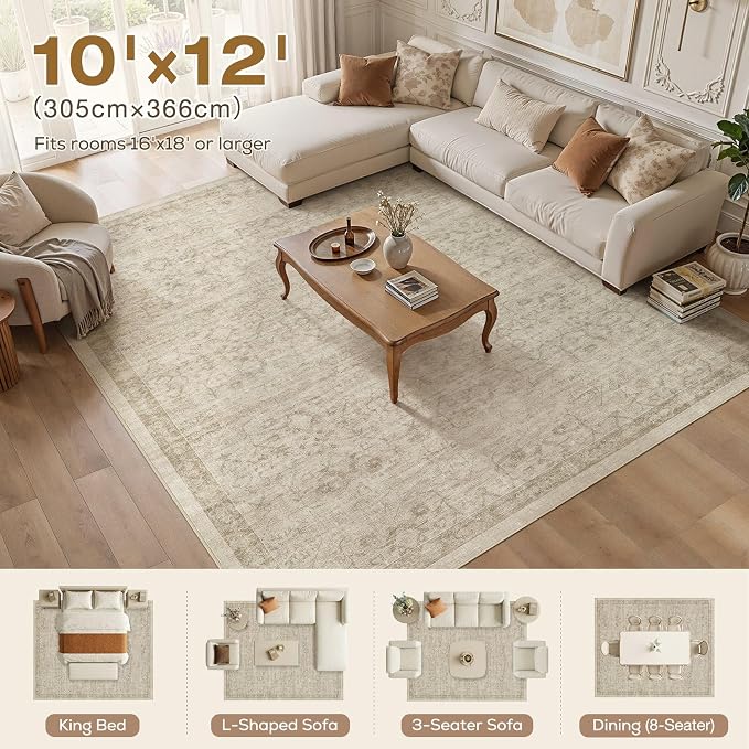 Nakagishi 10X12 Area Rugs Living Room: Washable Large Vintage Rug Neutral Non-Slip Soft Stain Resistant Indoor Carpet for Bedroom Nursery Dining Room Office Playroom - Vintage Brown