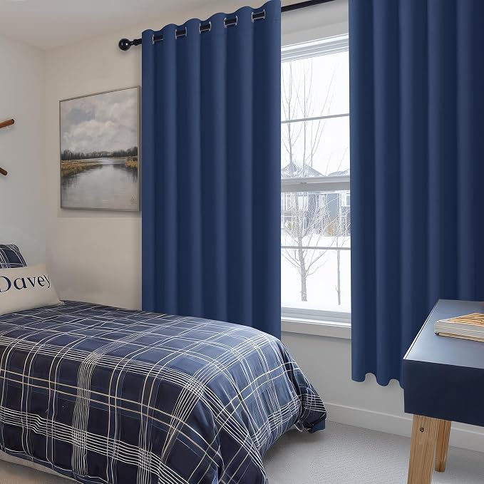 Hiasan Room Darkening Curtains for Bedroom, 70 x 63 Inches - Thermal Insulated & Energy Saving Window Drapes for Living Room/Dorm Room, Set of 2 Panels Sewn with Tiebacks, Navy