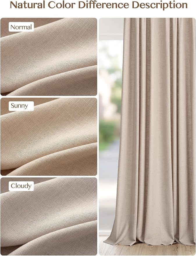 Liz Pinch Pleated Linen Curtains Light Filtering Curtains for Living Room, Farmhouse Window Curtains for Bedroom, Modern Drapes with Hooks and Rings, 102 Inches Long, Tapioca, 2 Panels Set