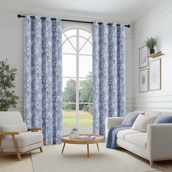 FMFUNCTEX 100% Blackout Blue Floral Curtains 90 Inch Long Grommet 2 Panels | Black Out Drapes, Thermal Insulated Cottage Farmhouse, Blossom Flower Patterned Curtain for Bedroom, Living Room Darkening