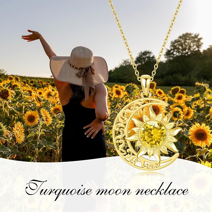 Crescent Moon Necklace for Women 18K Gold Plated Silver Moon and Sun Pendant with Gemstone Dainty Birthstone Jewelry Pendant Necklace for her