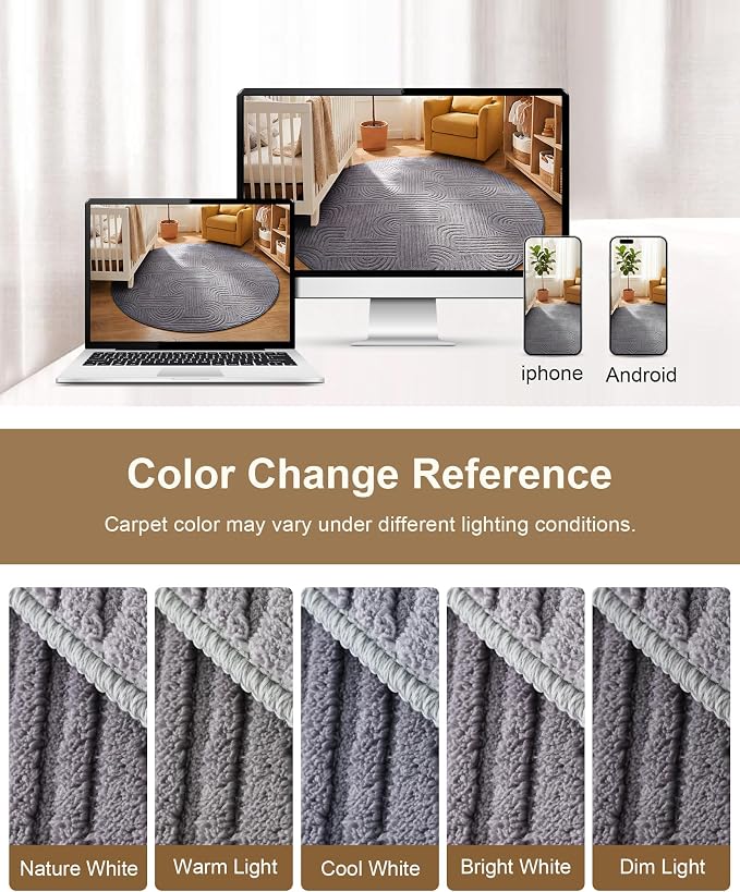 Carvapet 5.2' Round Rug Grey Washable High Low Pile Area Rug Soft Plush Carpet for Living Room Bedroom Non Slip Indoor Floor Rug for Home Kids Nursery Decor