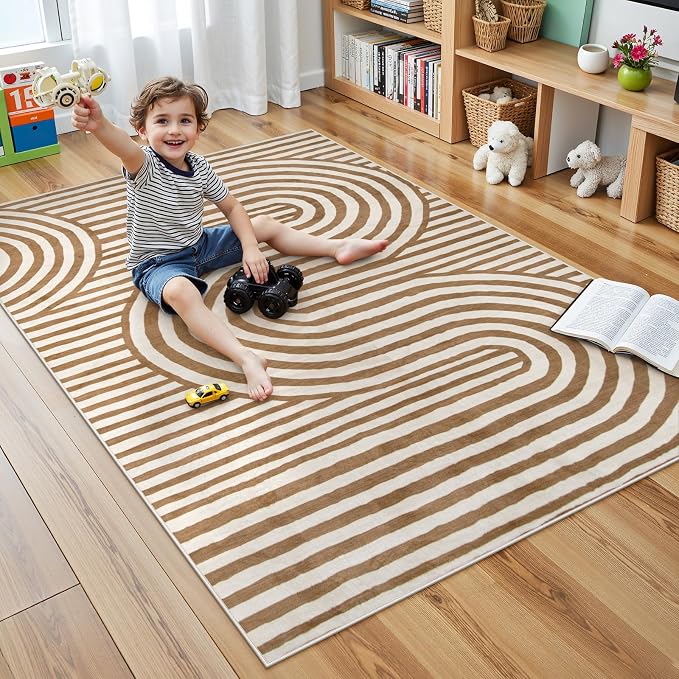 Lahome Abstract Area Rugs 5x7,Soft Living Room Rug Nursery Bedroom Rugs | Colorful Playroom Rug Ultra-Thin Stain Resistance Throw Large Carpet for Kids Classroom Dorm Alba (5'X7',Khaki/Orange)