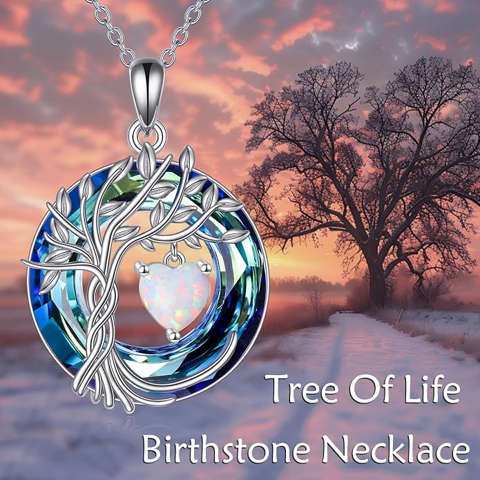 POPLYKE Mothers Day Gifts for Mom Her Wife Tree of Life Necklace 925 Sterling Silver Birthstone Pendant with Crystal Anniversary Birthday Wedding Jewelry for Women