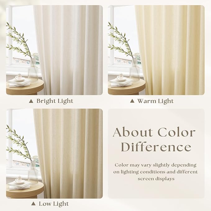 Pinch Pleated Linen Curtains 108 Inches Long Floor to Ceiling Cream | Beige, Light Filtering, Pleat Drapes, for Living Dining Room Bedroom, 108 Inch Length, Hooks Rings, Back Tab, 9FT, 1 Panel