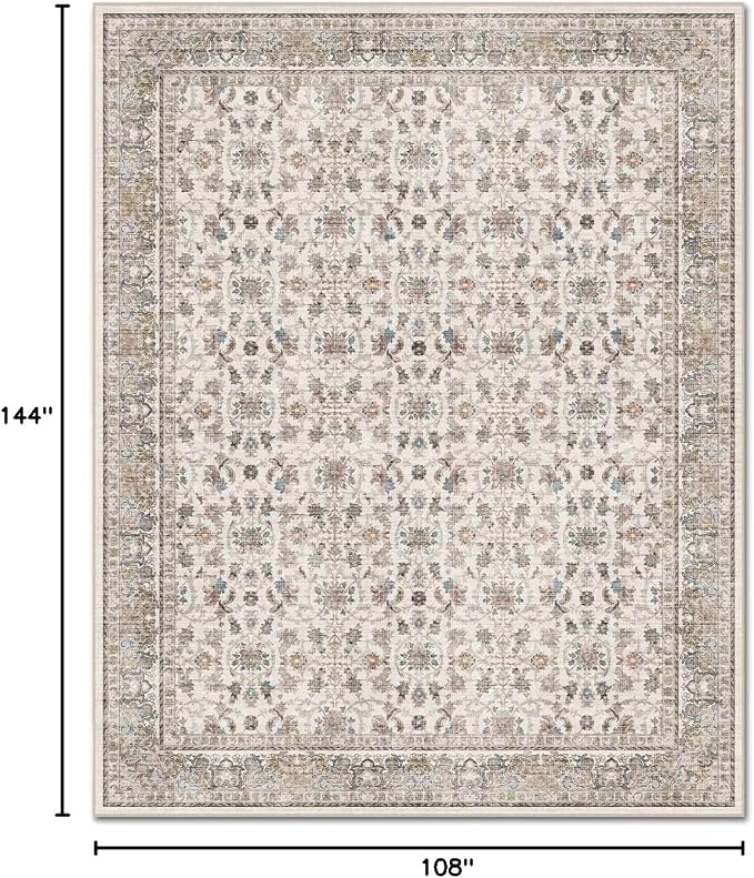 Boho Washable 9x12 Area Rugs for Living Room, Cushioned, Cream/Blue | Vintage Non-slip Neutral Oriental Rugs for Bedroom Dining Room Nursery Office High Traffic Area