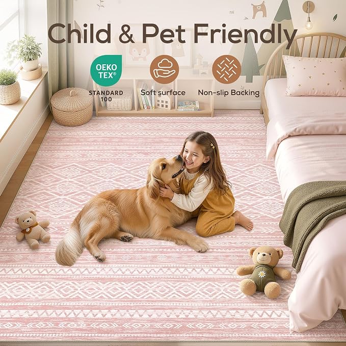 Nakagishi Area Rug Living Room Rugs: 7x9 Large Soft Machine Washable Boho Moroccan FarmNeutral Stain Resistant Indoor Floor Carpet for Bedroom Under Dining Table Home Office Decor-Pink