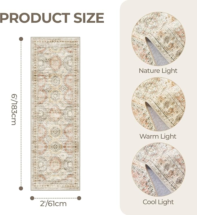 Washable Runner Rugs for Bedroom - 2x6 Runner Rug Non Slip, Ultra-Thin Entryway Runner, Soft Abstract Kitchen Runner for Hallway, Laundry, Bathroom, Indoor Door Mat(2'x6', Brown/Pink)