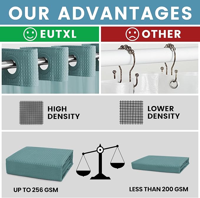 EUTXL Heavyweight Teal No Hook Shower Curtain with Snap in Liner,256GSM Waffle Weave Shower Curtains for Bathroom,71W x 74H