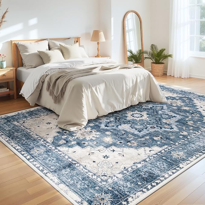Area Rug 9x12 Vintage Rug: Large Washable Indoor Medallion Rugs Low Pile Distressed Floor Carpet Retro Accent Rug for Living Room Bedroom Kitchen Dining Table Home Office(Blue, 9'x12')