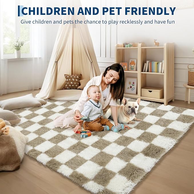 Garvee Checkered Rug 5x8 Super Soft Shaggy Rugs Fluffy Carpets Fluffy Fuzzy Rug for Living Room Bedroom,Checkered Fluffy Rugs for Girls Kids Room, Shag Plush Carpet for Teen Room Decor, Taupe-White