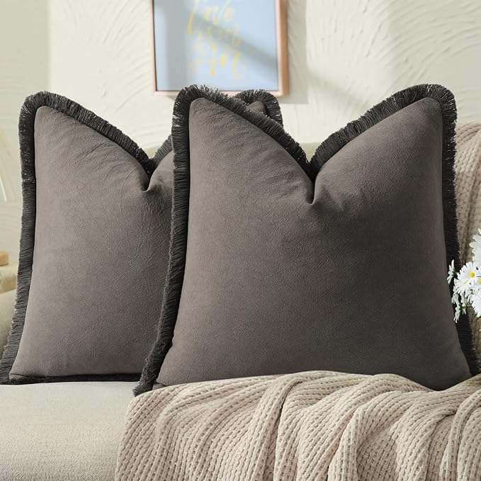 ZWJD Pillow Covers 18x18 Set of 2 Dark Gray Throw Pillow Covers with Fringe Chic Cotton Decorative Pillows Square Cushion Covers for Sofa Couch Bed Living Room Farmhouse Boho Decor