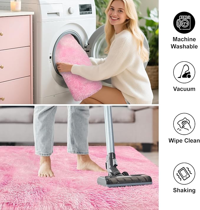 Soft Plush Pink Fluffy Rug 2x10 Ft, Fuzzy Shag Runner Carpet for Girls Bedroom, Bedside, Living Room, Hallway, Kids Room, Nursery, Kawaii Home Decor
