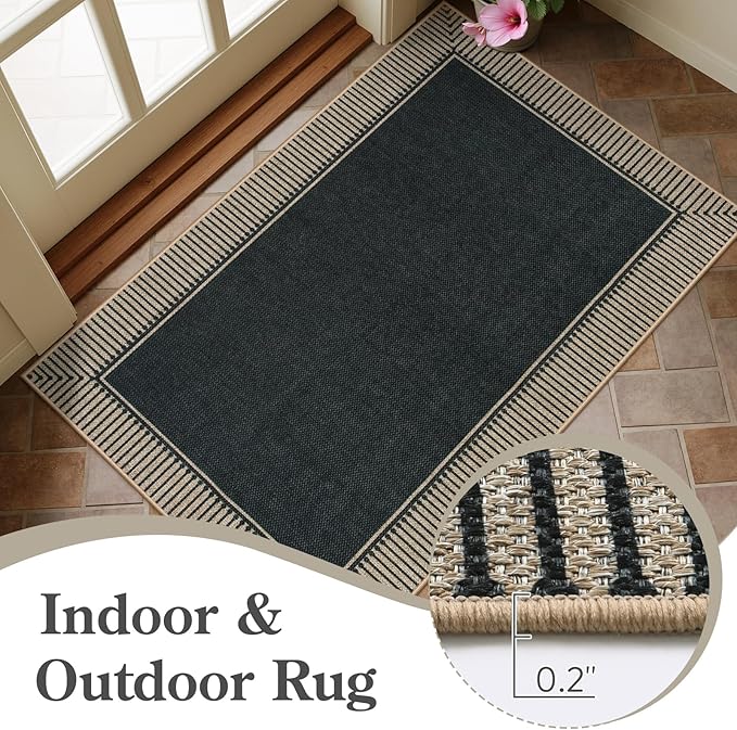 Moynesa Washable Black Striped Border Easy Jute Runner Rugs 2.5x8, Entryway Rug Runners for Kitchen, Farmhouse Indoor Outdoor Non Slip Carpet for Hallways Bathroom Bedroom Laundry