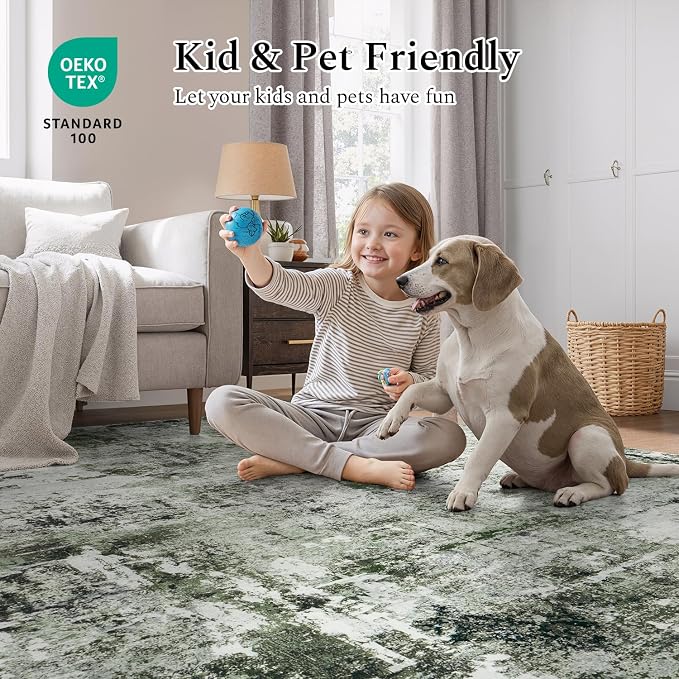 Rugflix 8x10 Area Rugs for Living Room, Washable Large Rug Stain-Resistant Low Pile, Modern Dark Carpet for Dining Room Home Office Kid Room Nursery Bedroom, Dark Green