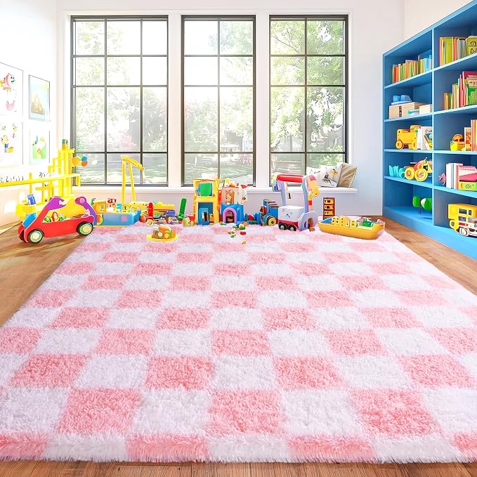 Pionblank Checkered Rug for Living Room, Modern Soft Shag 6x9 Area Rugs, Plush Fuzzy Carpet for Bedroom Girls Boys Room Home Nursery Teens Dorm Decor, Pink and White